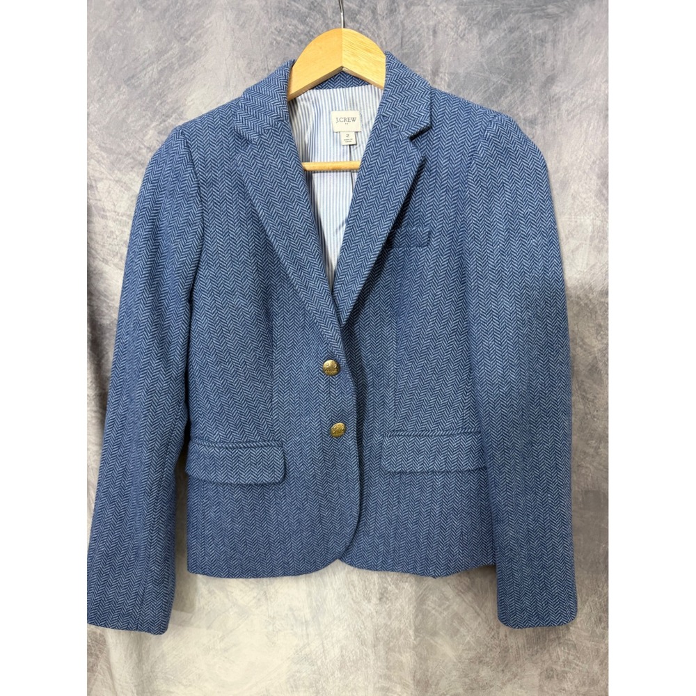 J.Crew Womens Blue Herringbone Wool Blend Blazer Gold Crest Button Jacket Size 2